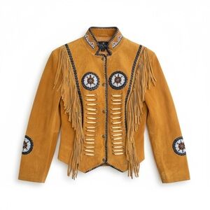 Vintage Tansmith Tan Western 100% Suede Leather Fringe Bone & Bead Jacket